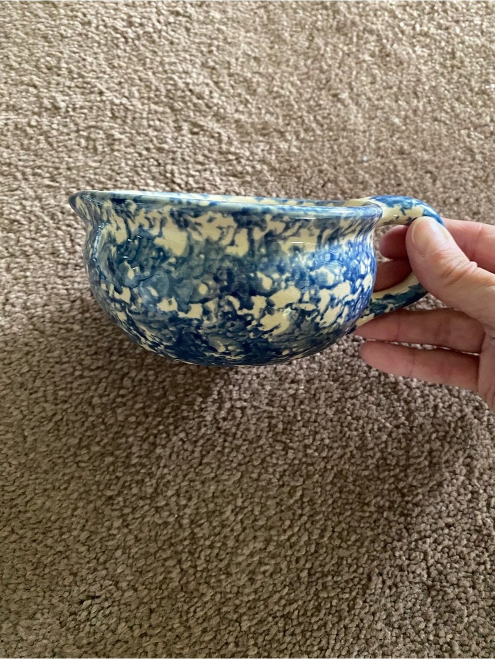 Stoneware Blue & White Sponged Chip and Dip Bowl with Cherry Motif. 1999-2000 - Picture 6 of 8